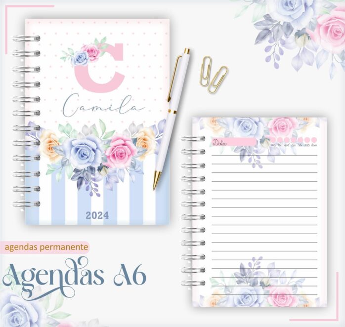 Agenda A6 Floral Rosa com Azul