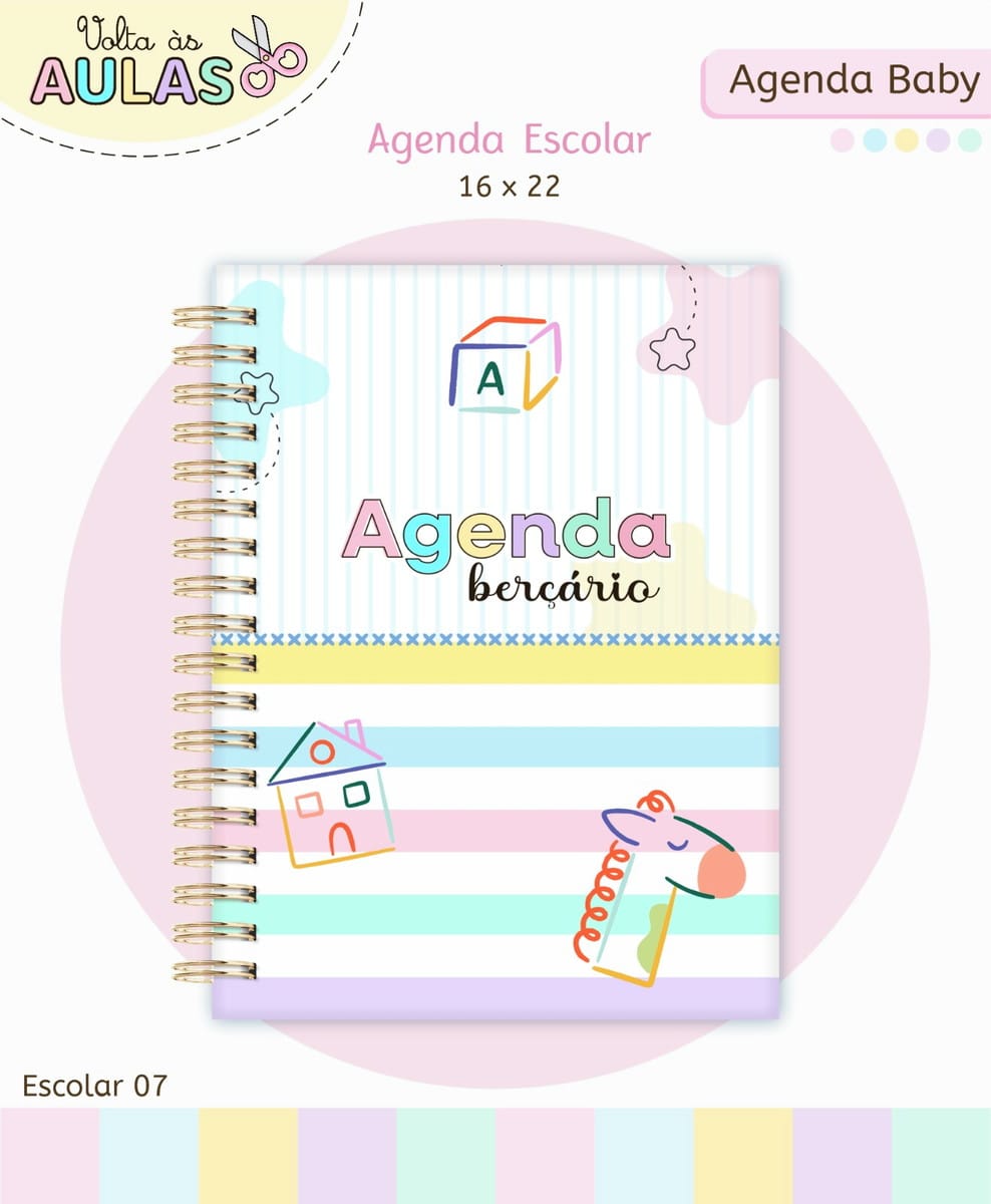 Agenda Berçário Baby Kit Digital A5 para Imprimir 4 Capa de agenda escolar espiral com ilustrações infantis coloridas e listras pastéis.