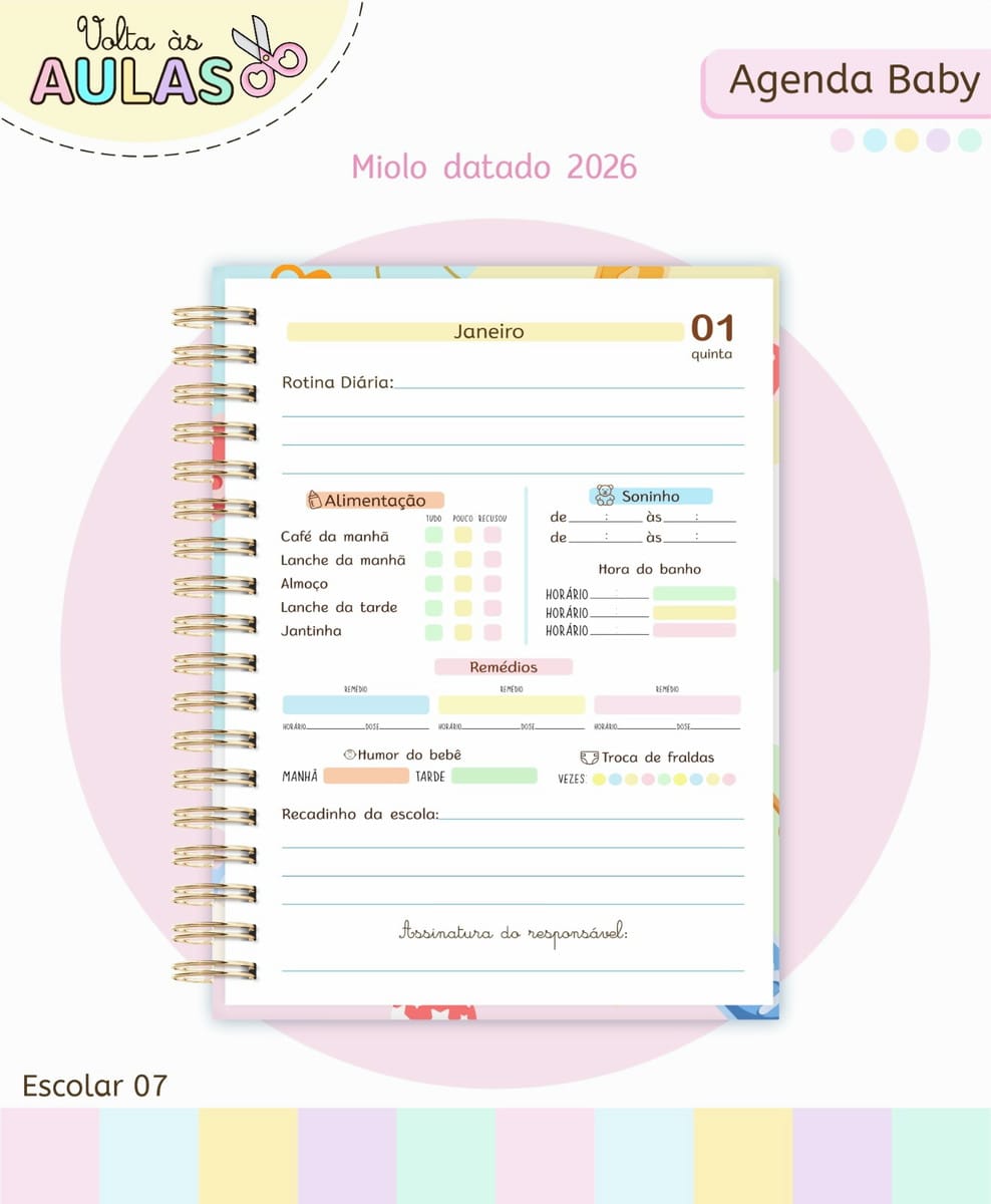 Agenda Berçário Baby Kit Digital A5 para Imprimir 5 Agenda baby colorida com miolo datado espiralado exibindo rotina diária e alimentação