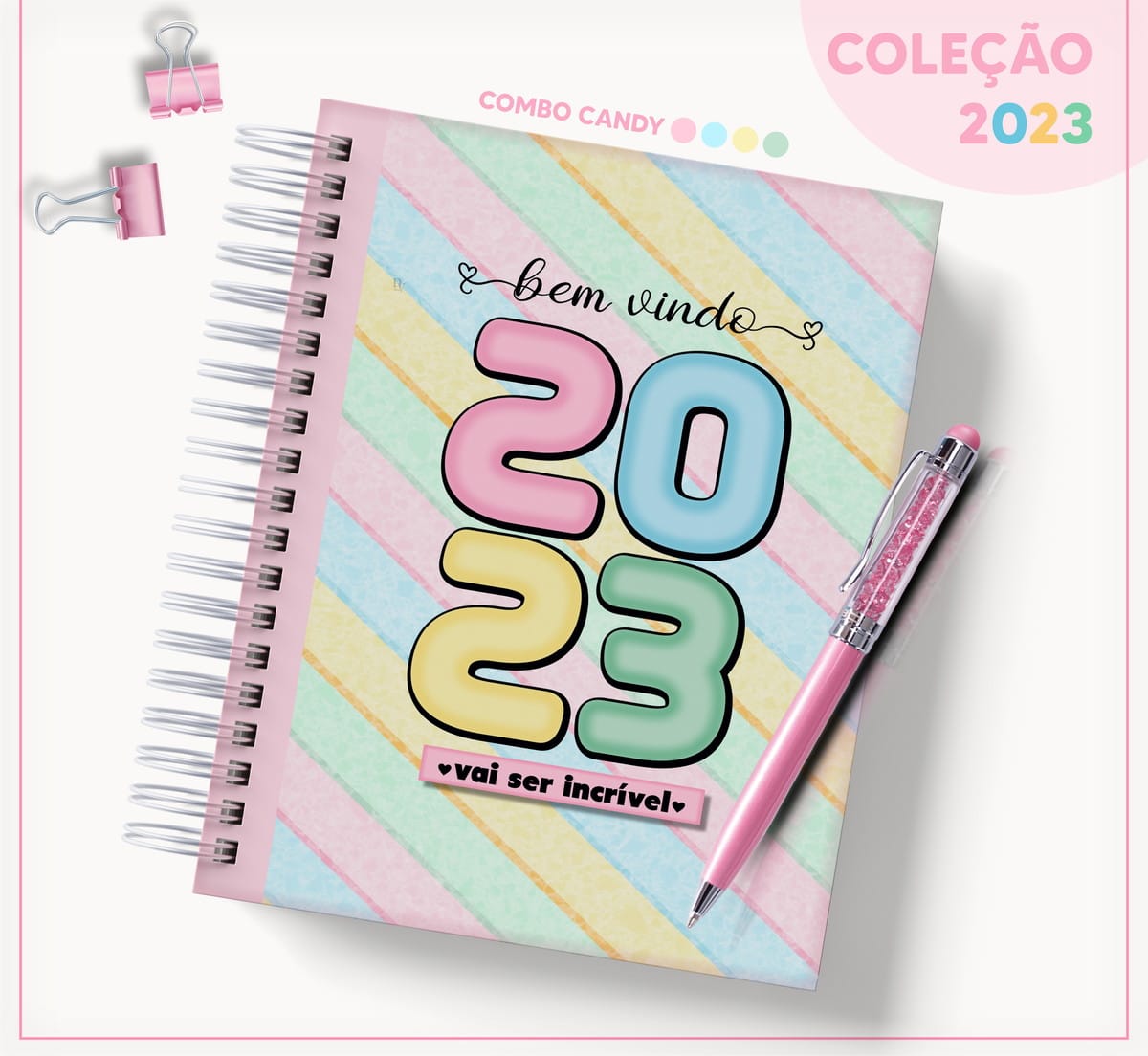 Arquivo Digital Agenda Datada 2023 Colorida para Imprimir 2 Arte digital de agenda colorida 2023 com caneta rosa e prendedores.