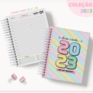 Arquivo Digital Agenda Datada 2023 Colorida para Imprimir 20 Arte digital de agendas 2023 coloridas, uma aberta com layout diário e outra fechada.
