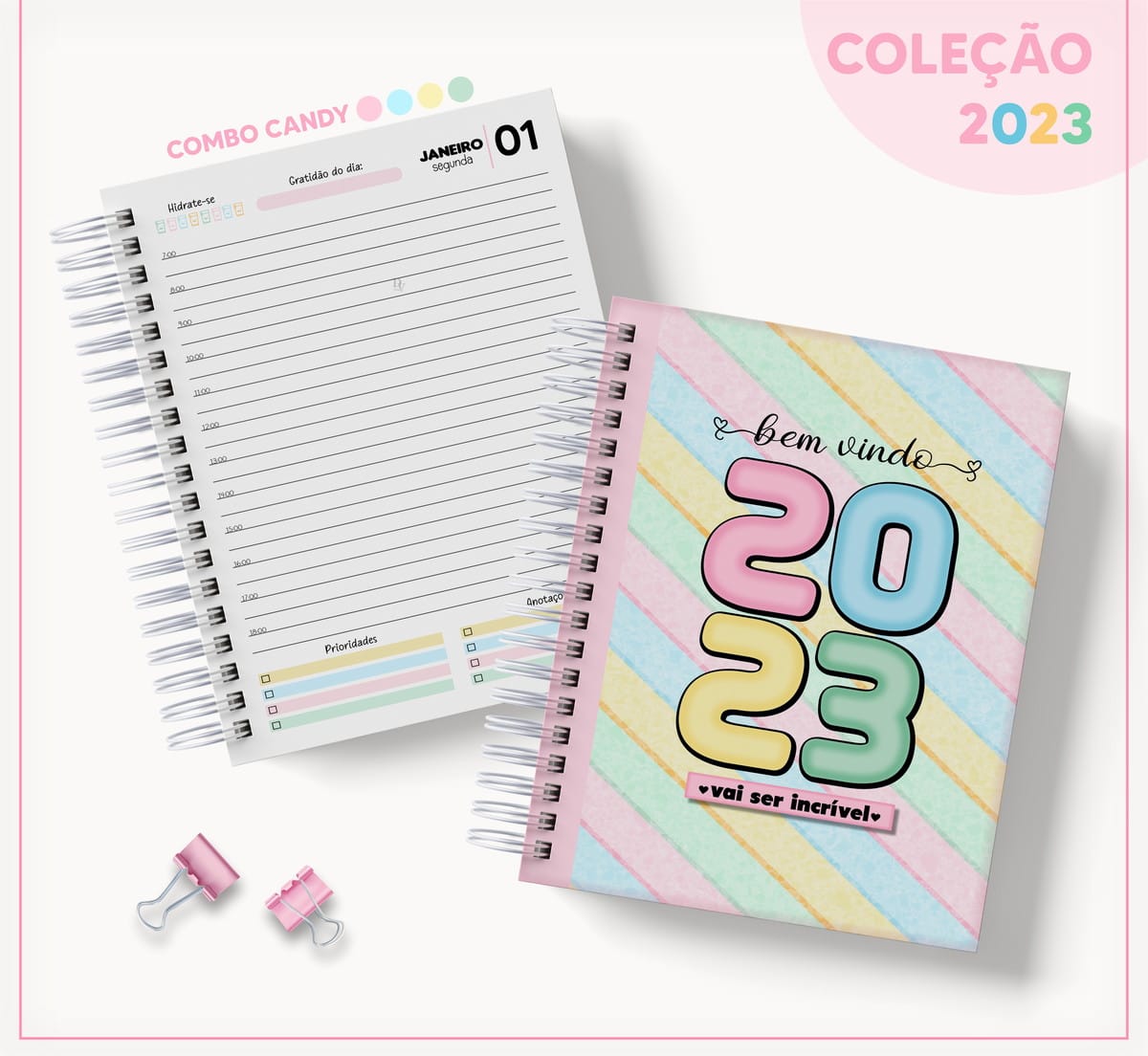 Arquivo Digital Agenda Datada 2023 Colorida para Imprimir 1 Arte digital de agendas 2023 coloridas, uma aberta com layout diário e outra fechada.
