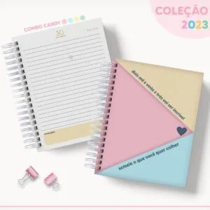 Agenda Candy Semeie - Datada 2023 12 Dois cadernos espiralados com folhas pautadas coloridas e dois clipes rosa.