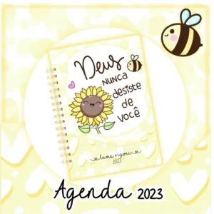 Agenda Datada 2023 Girassol Amarelo 13 Capa de agenda amarela com girassol fofo e abelha, com frase escrita
