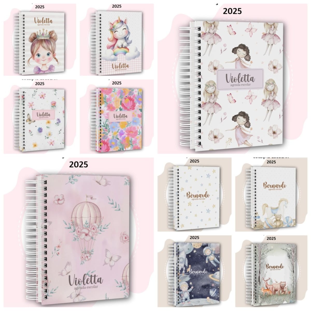 Agenda Escolar 2025 Digital para Encadernação Artesanal 2 Diversas capas de agendas escolares personalizadas com ilustrações infantis fofas e coloridas.