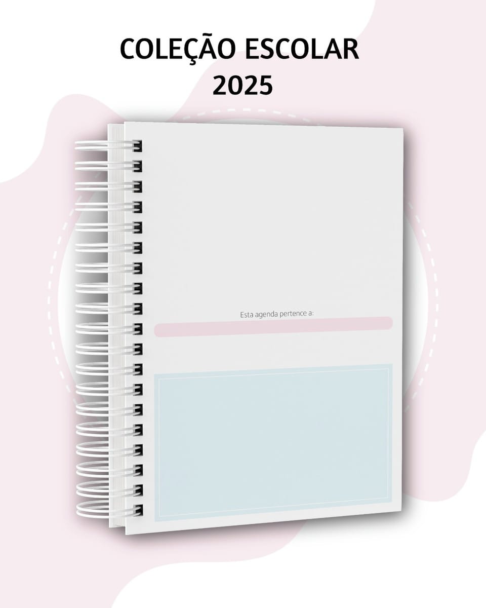 Agenda Escolar 2025 Digital para Encadernação Artesanal 3 Capa de agenda escolar espiralada branca com detalhes rosa e azul claro