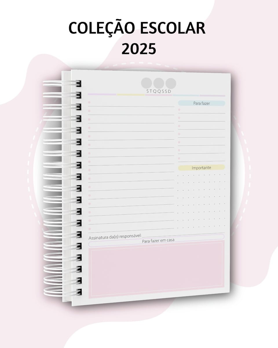 Agenda Escolar 2025 Digital para Encadernação Artesanal 4 Caderno espiral aberto com páginas pautadas e espaço para anotações escolares diárias