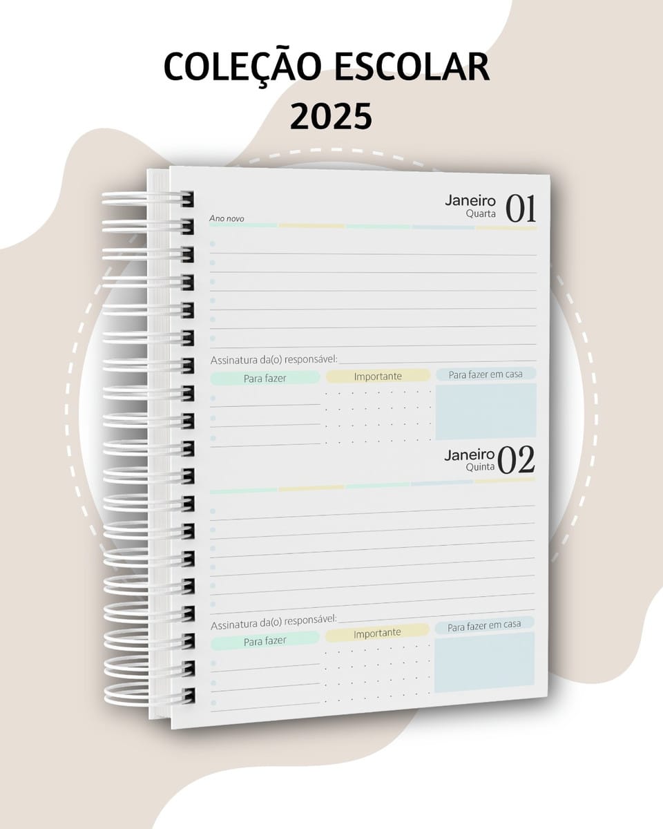Agenda Escolar 2025 Digital para Encadernação Artesanal 5 Caderno espiral aberto mostrando páginas de planejamento diário escolar.