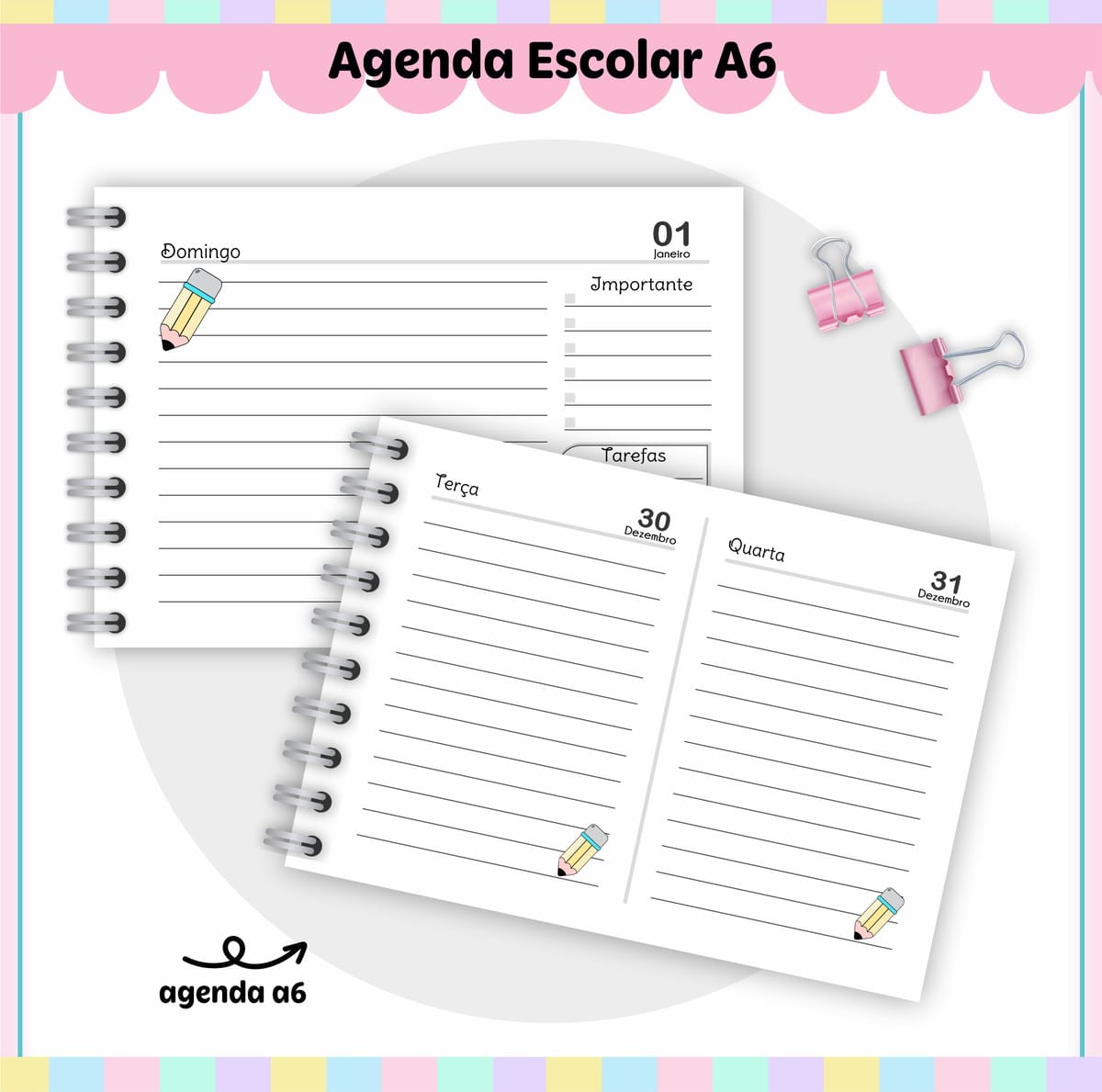 Agenda Escolar A6 Digital para Imprimir e Personalizar 2 Páginas de agenda escolar espiral com linhas, marcações de datas e lápis ilustrados.