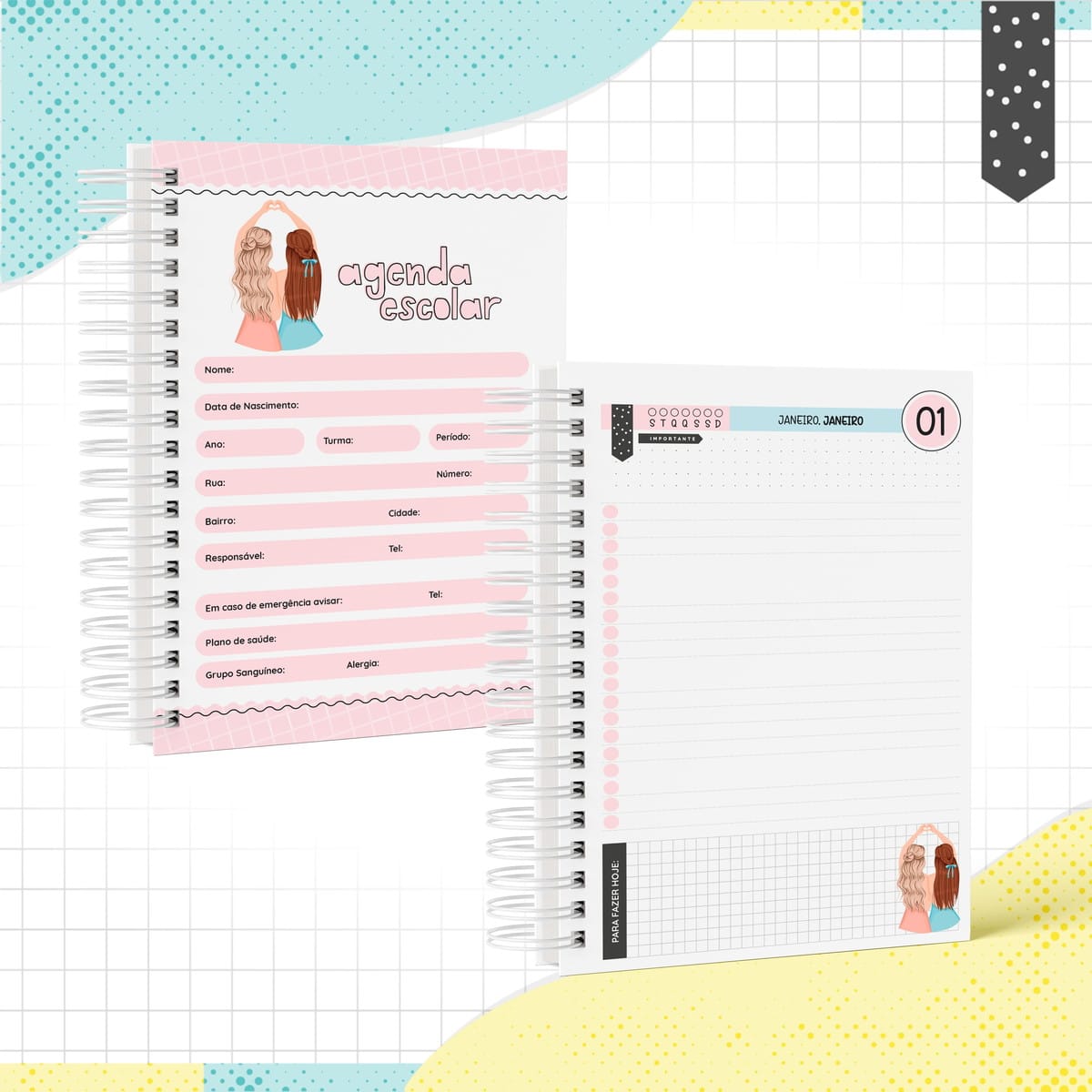 Agenda Escolar Amizade Digital para Imprimir e Personalizar 2 Agenda escolar digital aberta com página de dados pessoais e diária, ilustrações.