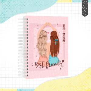 Agenda Escolar Amizade Digital para Imprimir e Personalizar 9 Ilustração digital de duas amigas de costas, mãos formando um coração, fundo rosa.