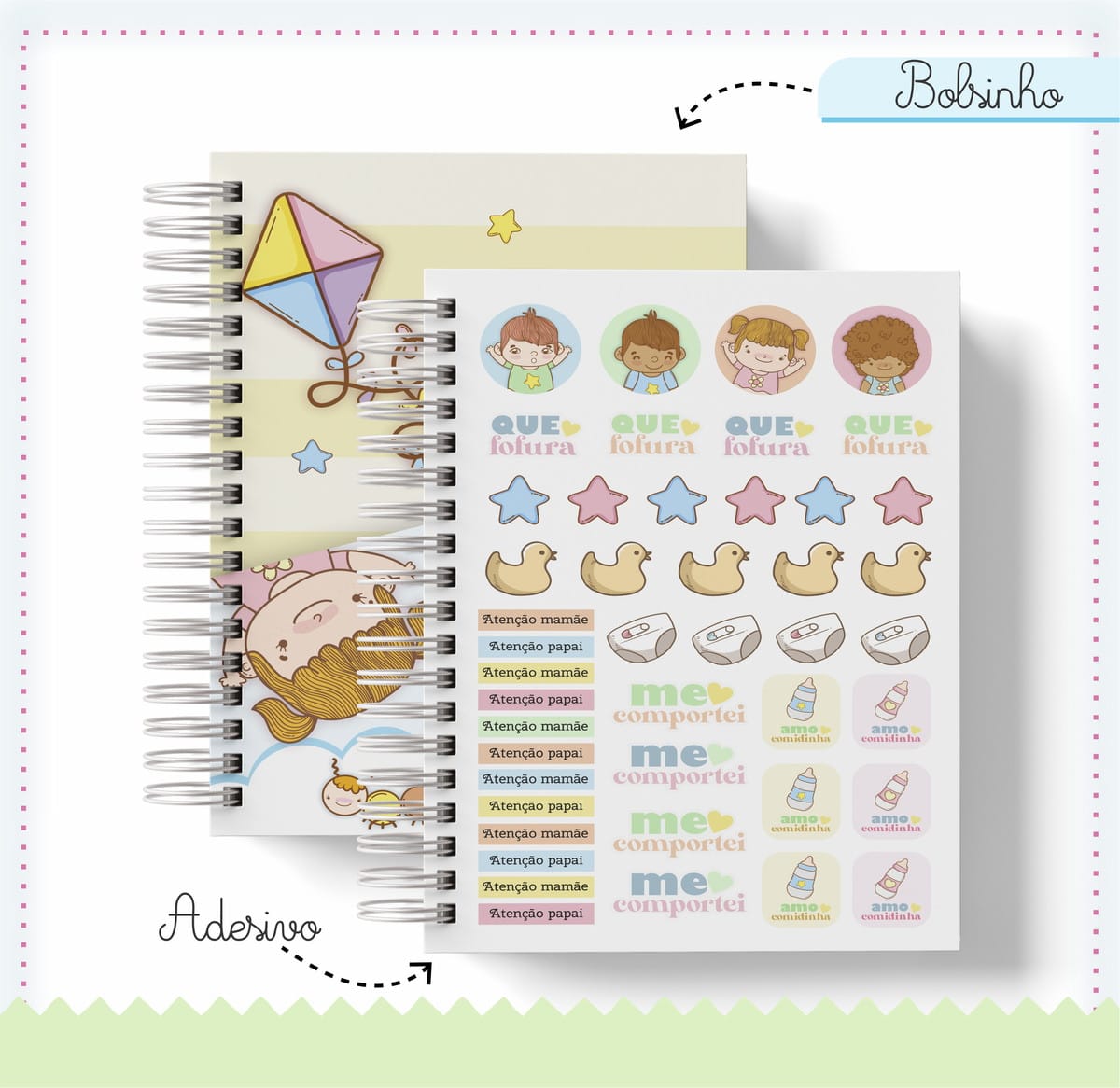 Agenda Escolar Baby Menina Arquivo Digital PDF 2 Arte digital de caderno espiral e folha de adesivos com ilustrações infantis.