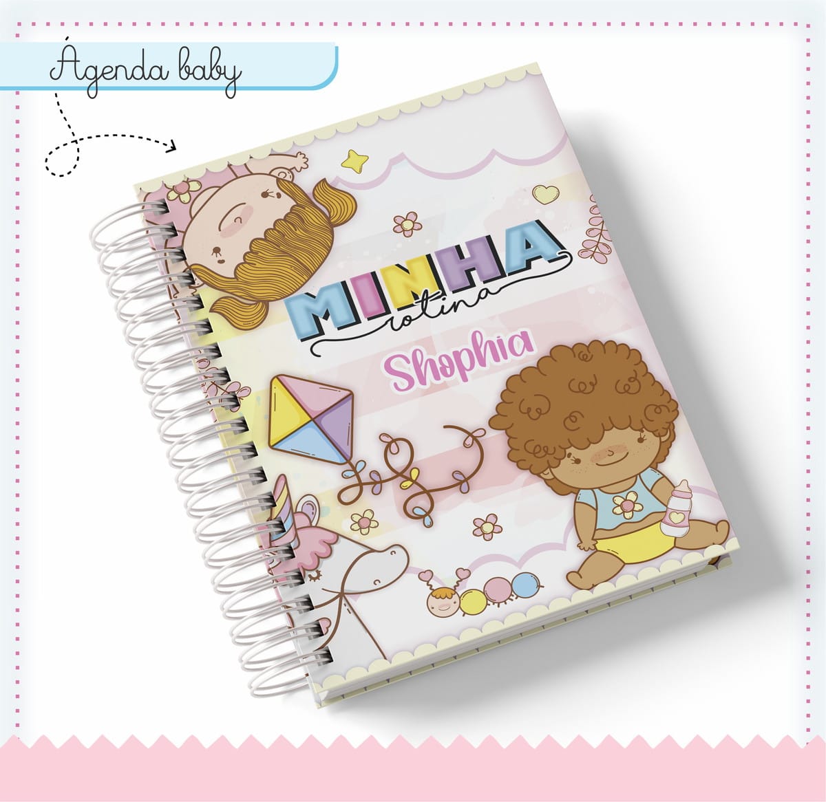 Agenda Escolar Baby Menina Arquivo Digital PDF 1 Agenda infantil com capa decorada por ilustrações de bebês, pipa e flores coloridas.