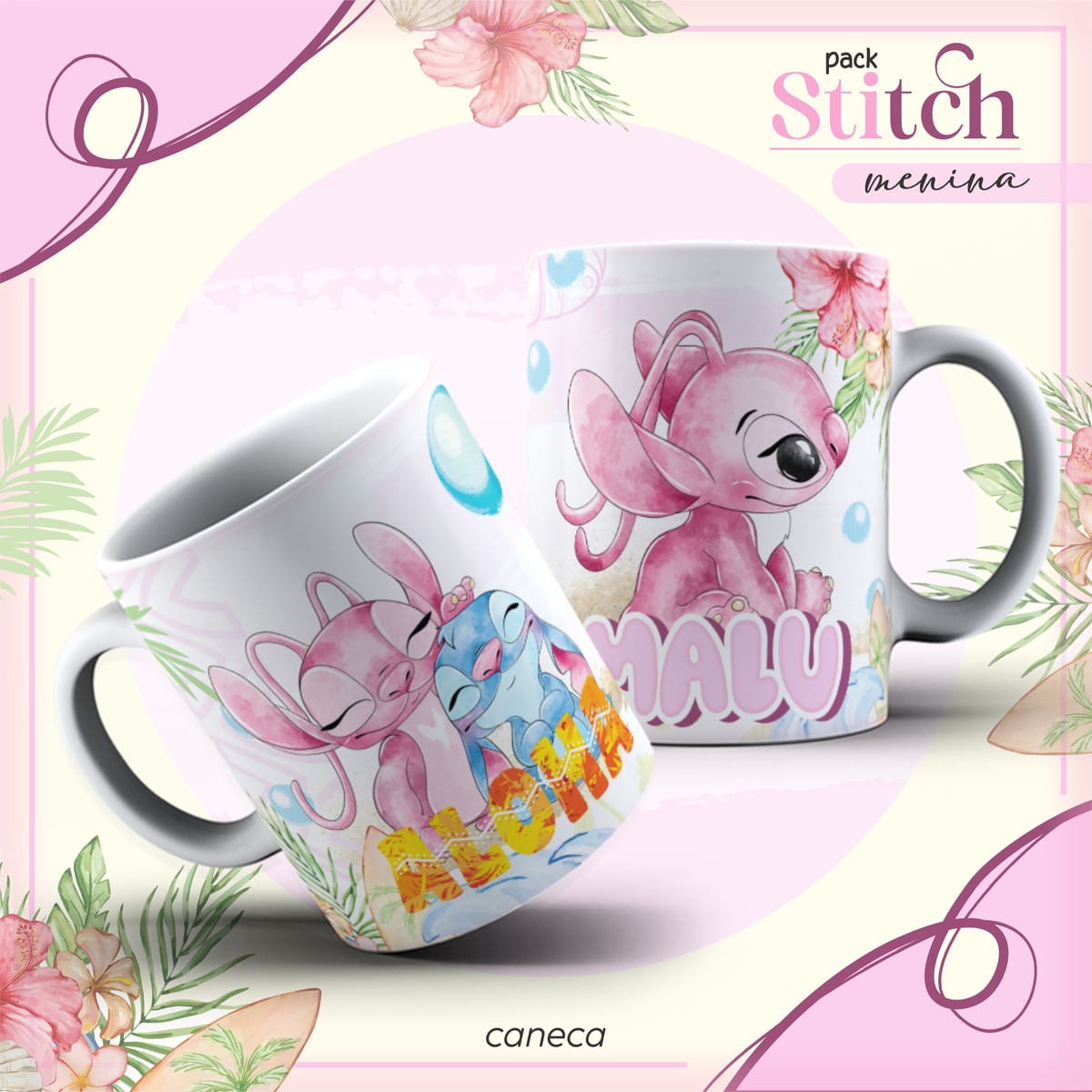 Agenda Escolar Stitch Menina Arquivos Digitais Premium 2 Arte digital para caneca com personagens rosa e azul, tema feminino e flores.