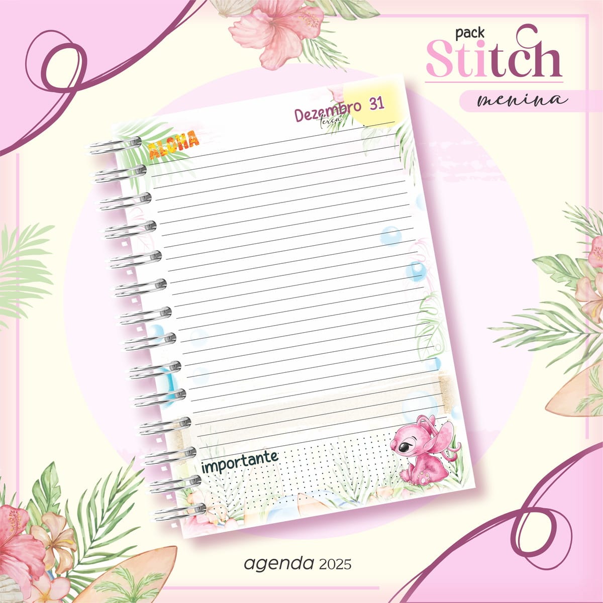 Agenda Escolar Stitch Menina Arquivos Digitais Premium 3 Página de agenda digital com personagem rosa, tema tropical e data "Dezembro 31".