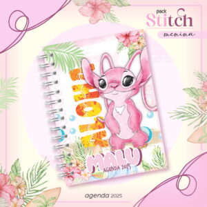 Agenda Escolar Stitch Menina Arquivos Digitais Premium 9 Arte digital de capa de agenda com personagem rosa e tema tropical 2025.