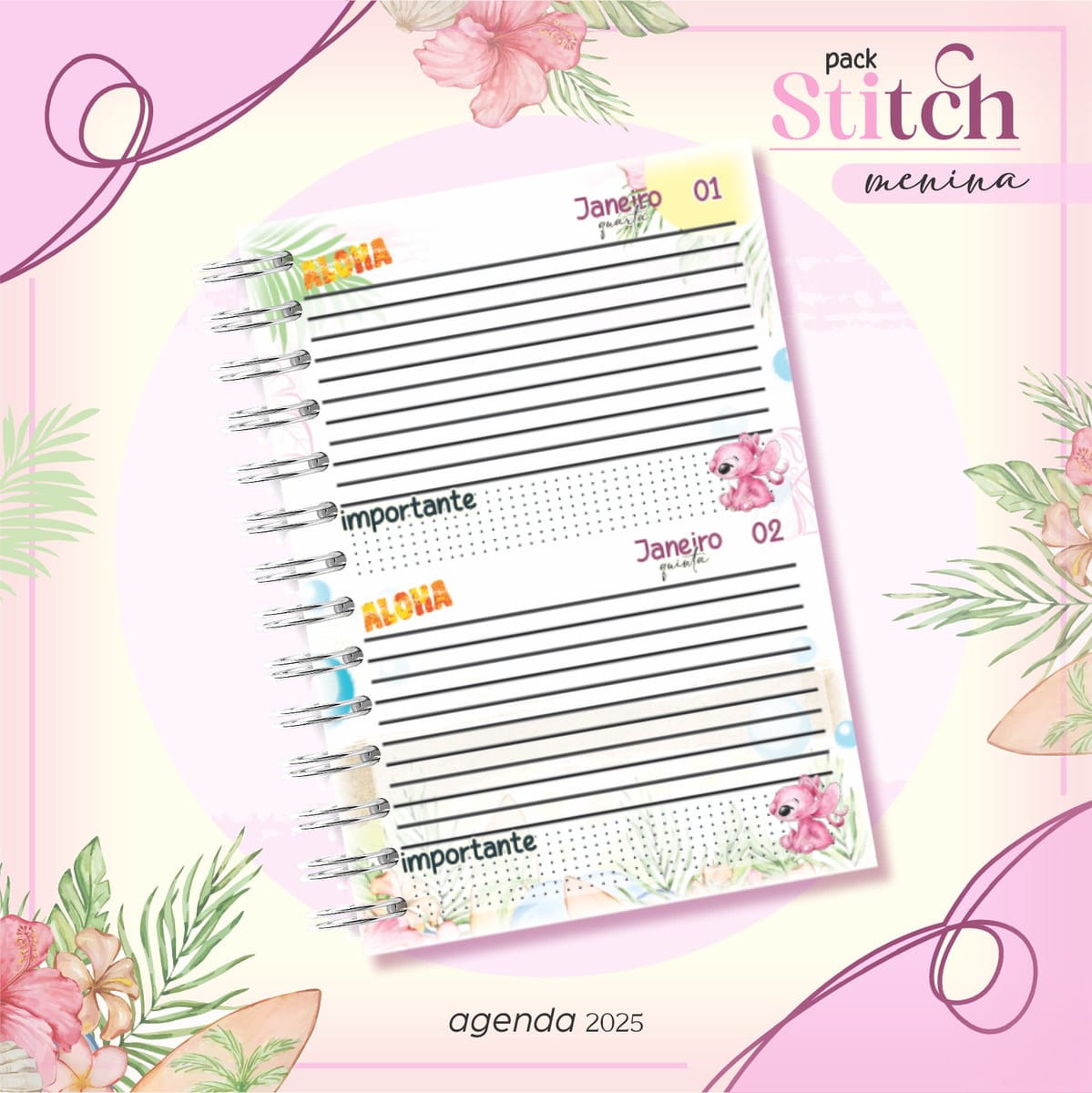 Agenda Escolar Stitch Menina Arquivos Digitais Premium 4 Agenda digital com páginas de janeiro, ilustrações tropicais e personagem rosa.