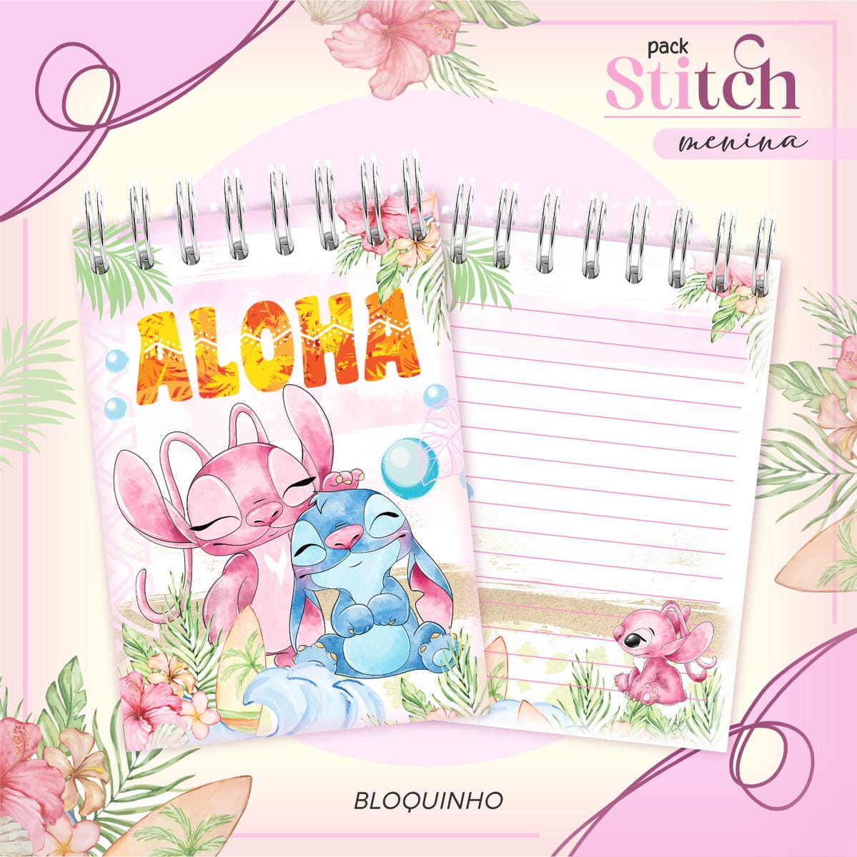 Agenda Escolar Stitch Menina Arquivos Digitais Premium 5 Arte digital de bloquinho com personagens fofos, "ALOHA", flores e pranchas de surf.