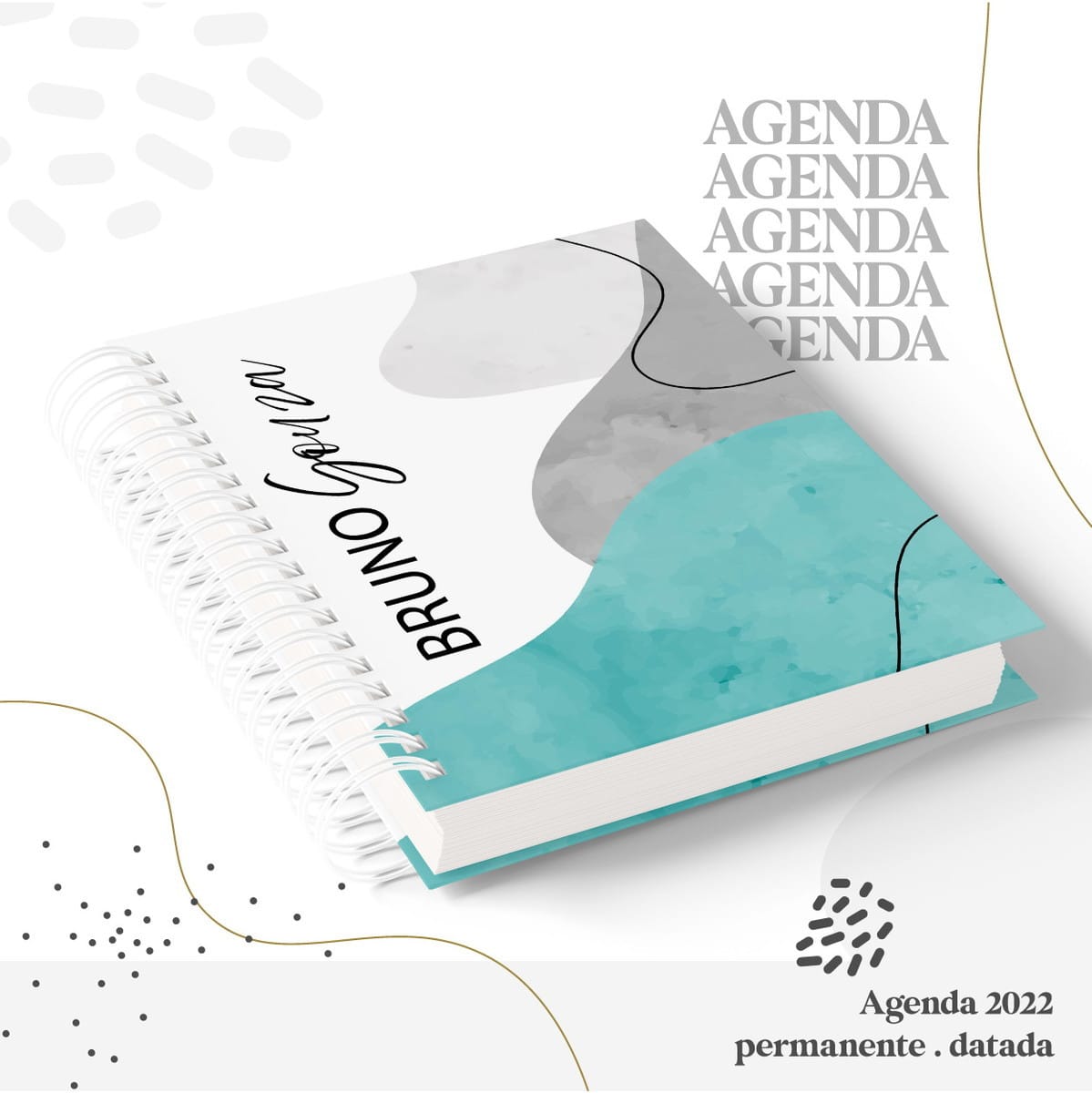 Agenda Digital para Imprimir e Personalizar em PDF 2 Arte digital de agenda espiral com capa de design abstrato em tons de turquesa e cinza.