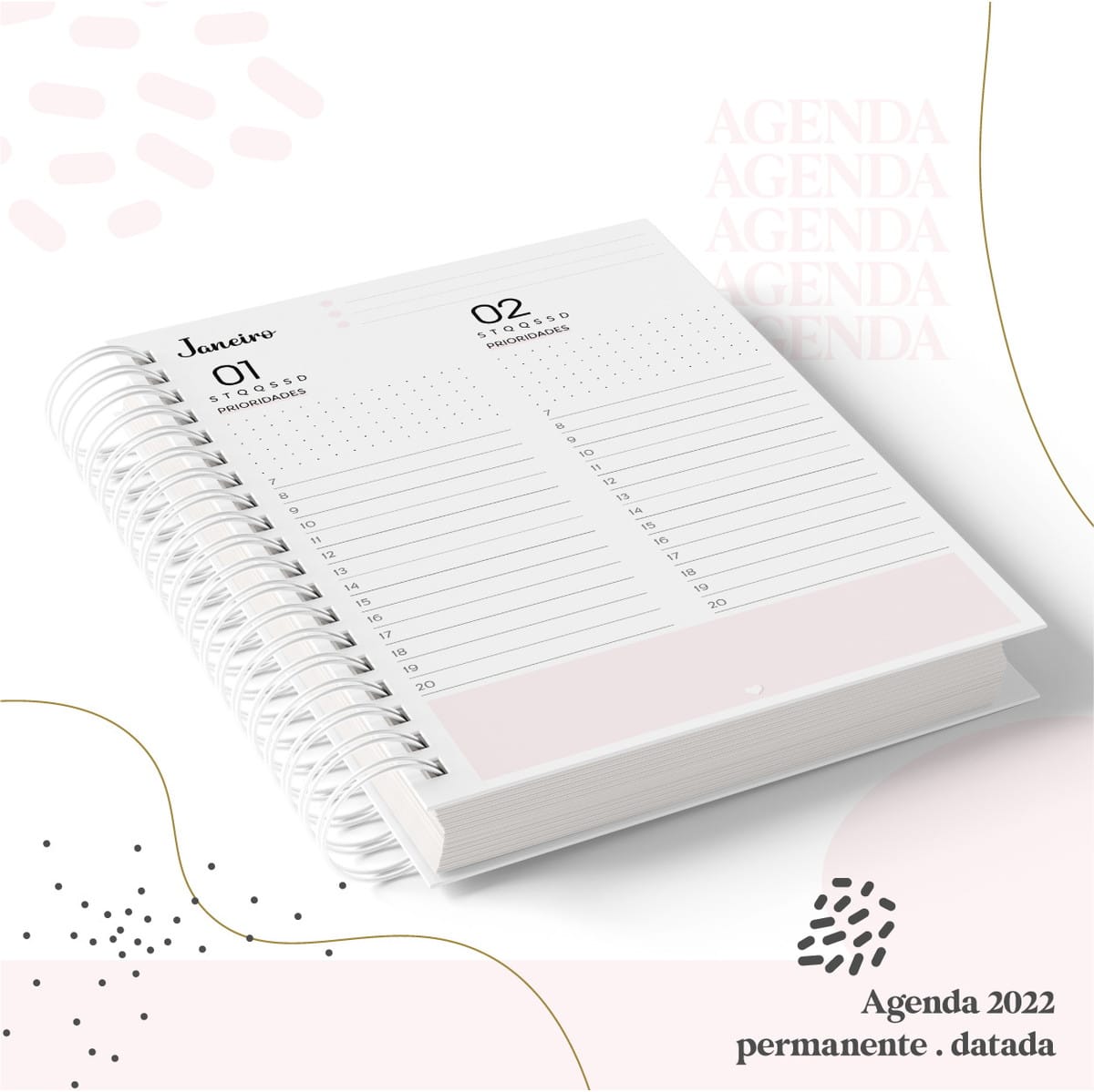Agenda Digital para Imprimir e Personalizar em PDF 3 Arte digital de agenda aberta, páginas de planejamento diário com espiral branca.