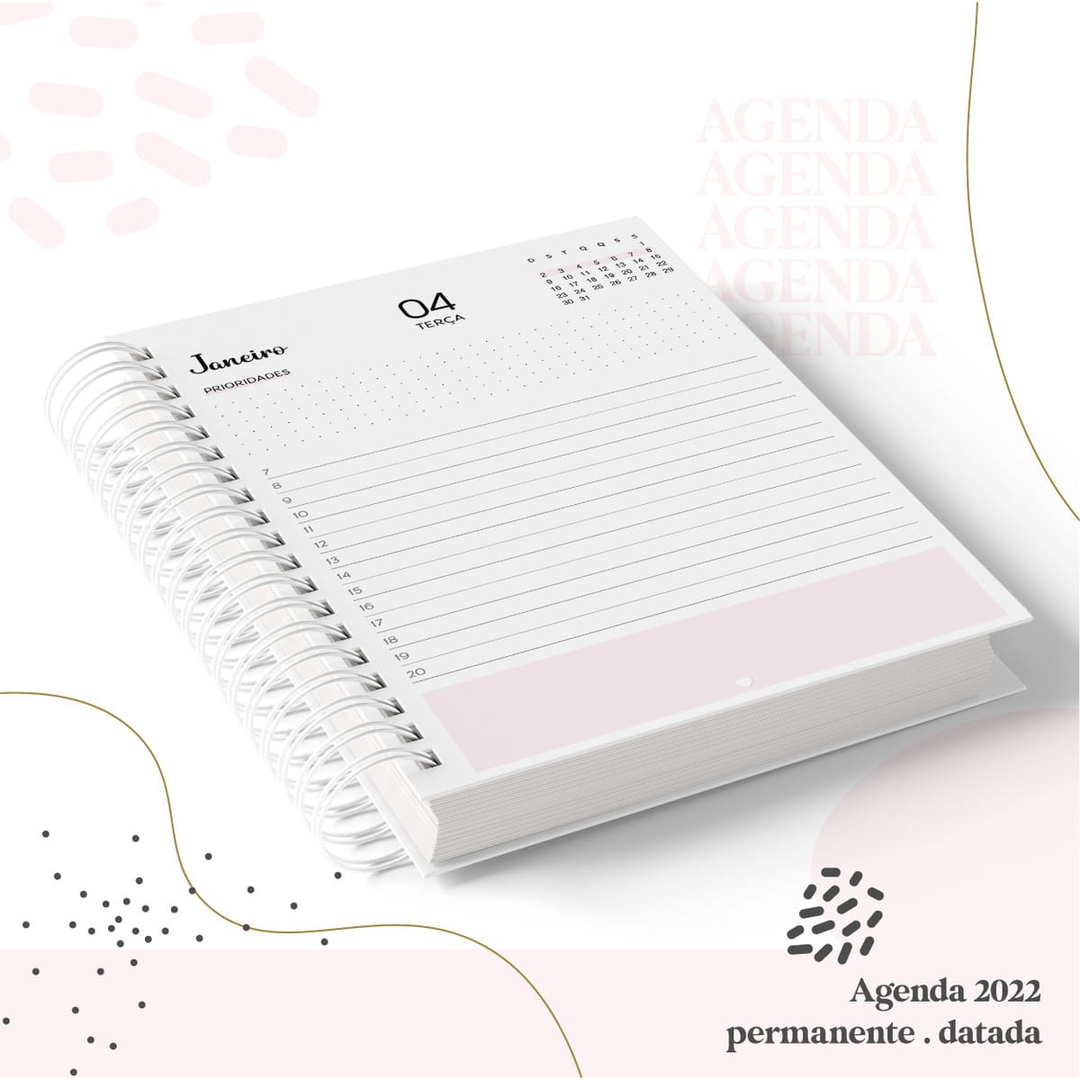 Agenda Digital para Imprimir e Personalizar em PDF 4 Agenda espiral branca aberta, mostrando página de Janeiro 04, Terça, com linhas.