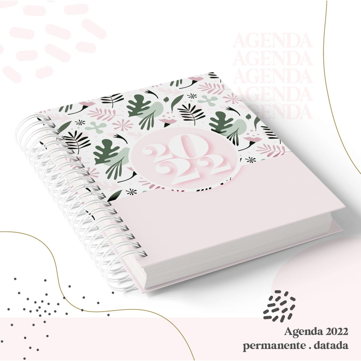 Agenda Digital para Imprimir e Personalizar em PDF 1 Agenda 2022 com capa rosa e padrão floral, encadernação em espiral branca.