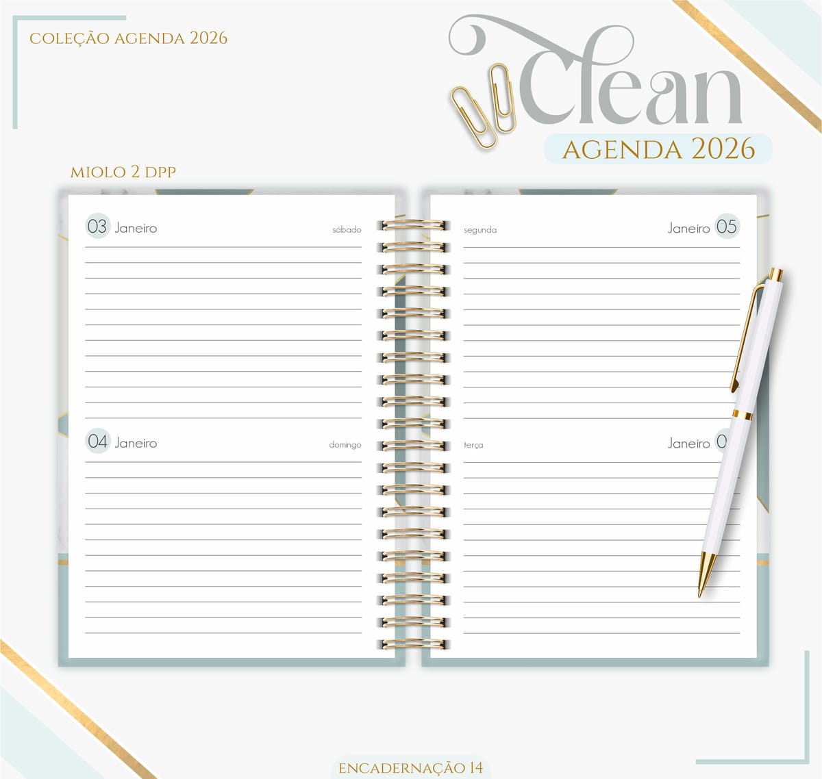 Agenda Feminina 2026 Digital com Design Marmorizado 3 Agenda aberta com páginas pautadas, espiral dourada e uma caneta branca ao lado.