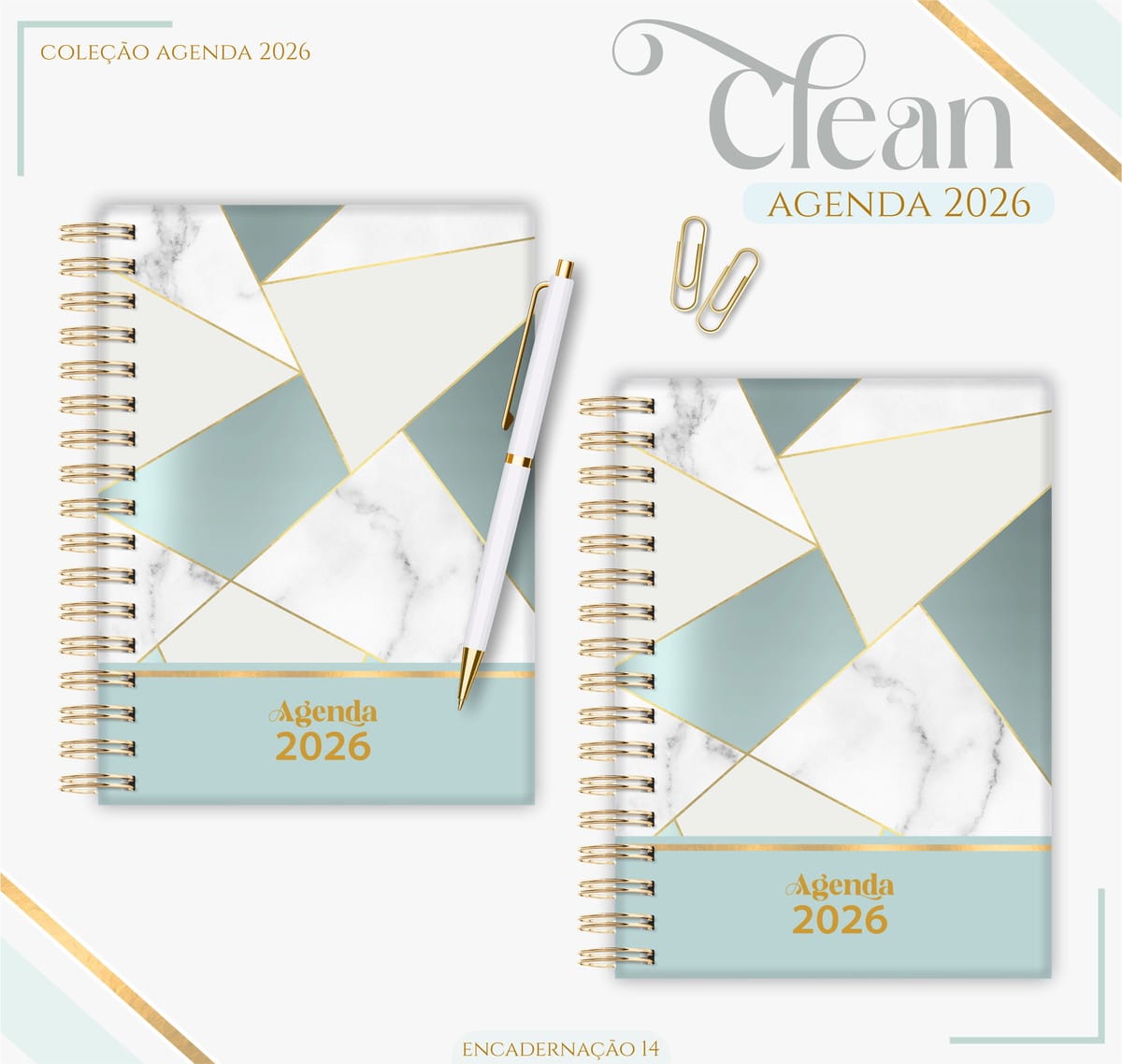 Agenda Feminina 2026 Digital com Design Marmorizado 1 Duas agendas espiraladas com estampa geométrica em tons de verde, branco e dourado.