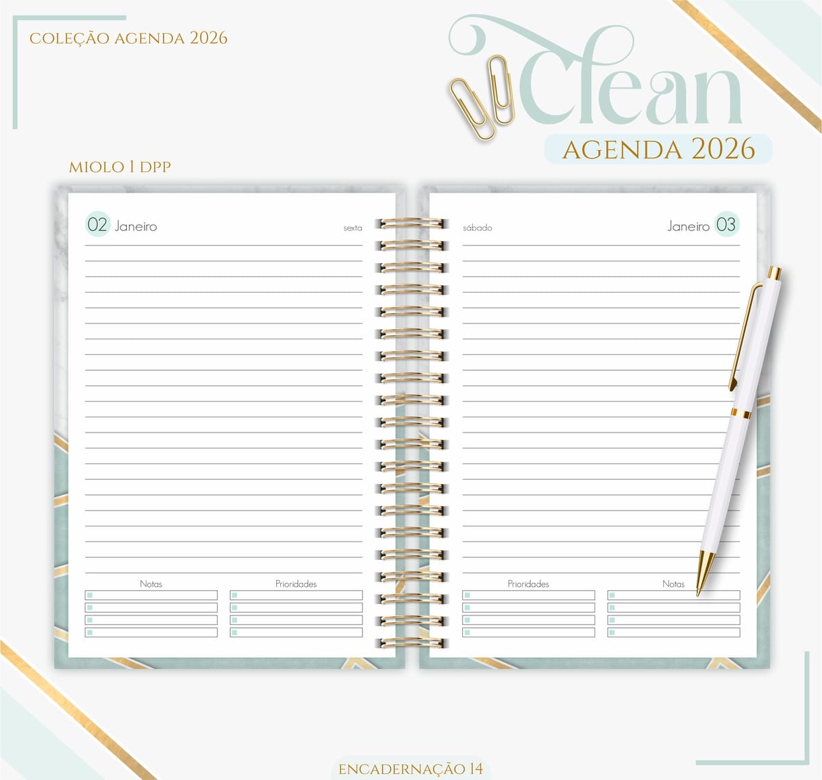 Agenda Feminina 2026 Digital para Imprimir e Encadernar 2 Agenda aberta exibindo páginas pautadas com datas de janeiro e caneta branca ao lado.