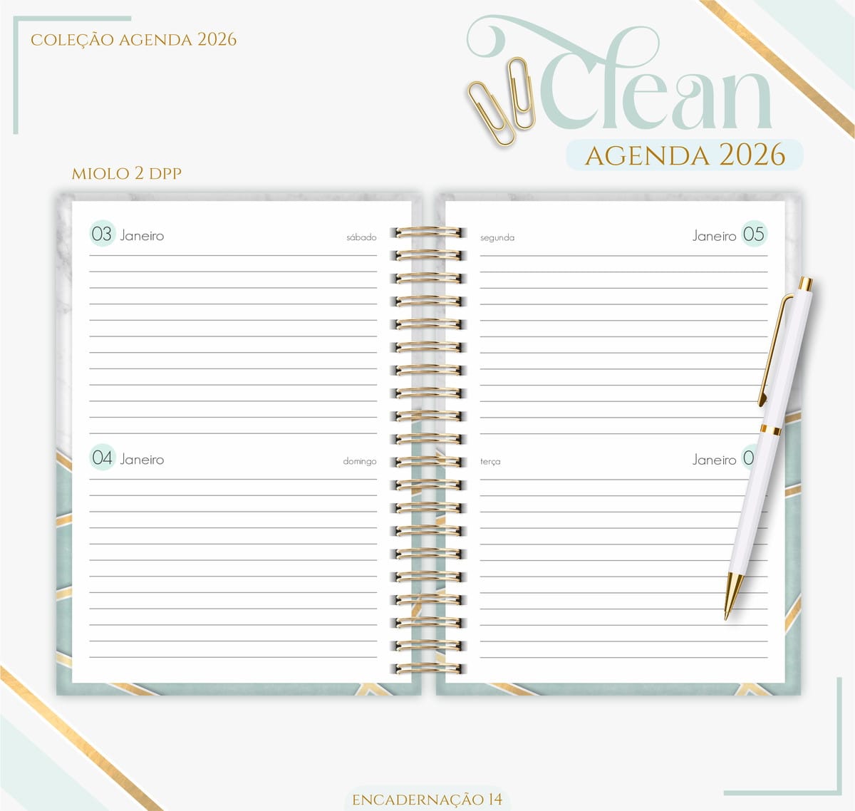 Agenda Feminina 2026 Digital para Imprimir e Encadernar 3 Agenda aberta com espiral dourada, folhas pautadas, uma caneta branca e clipes.