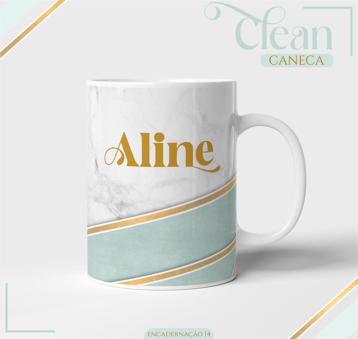 Agenda Feminina 2026 Digital para Imprimir e Encadernar 4 Caneca branca personalizada com textura de mármore e faixa azul verde.