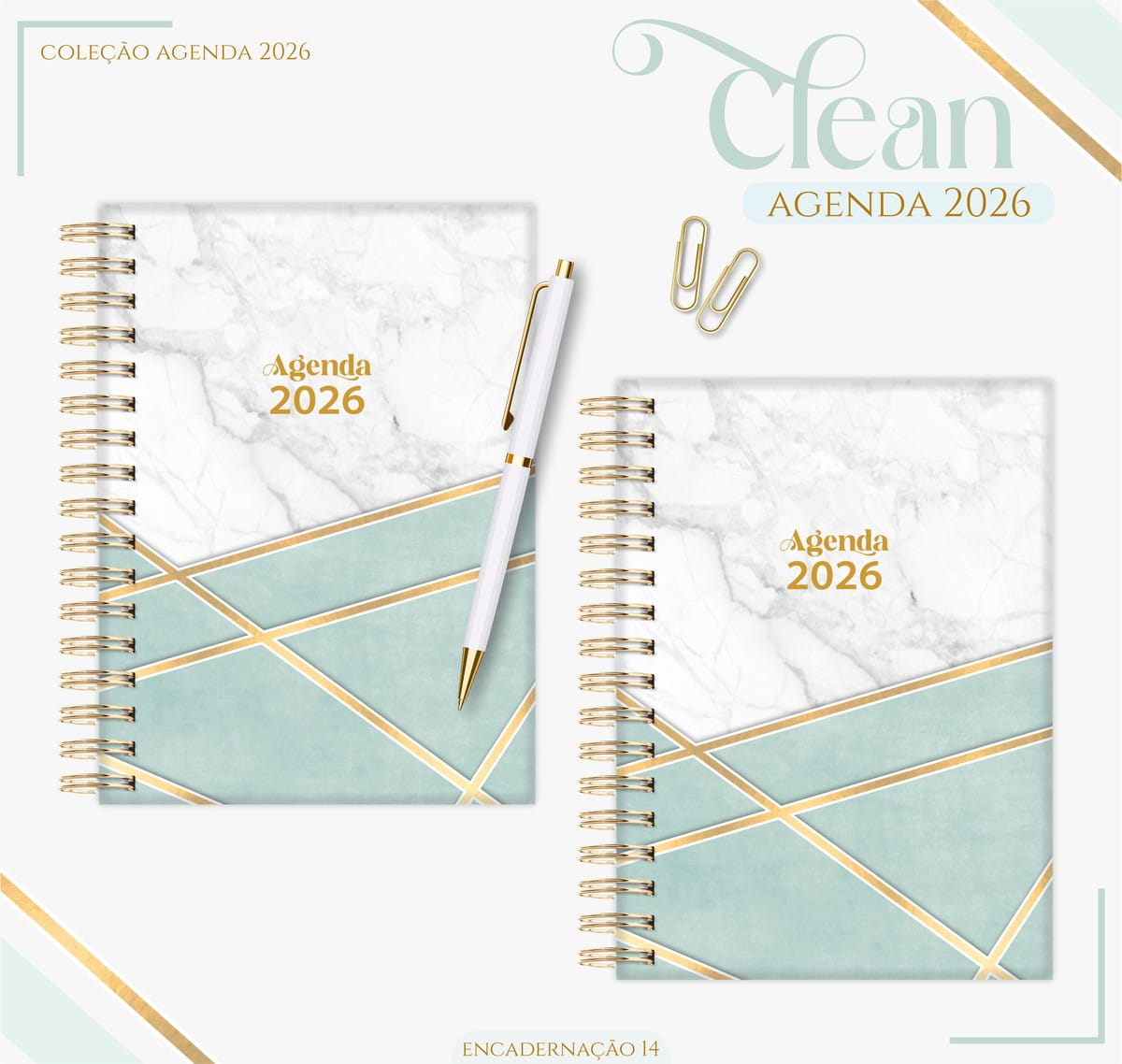 Agenda Feminina 2026 Digital para Imprimir e Encadernar 1 Duas agendas espiraladas com estampa de mármore e detalhes geométricos em verde e dourado.