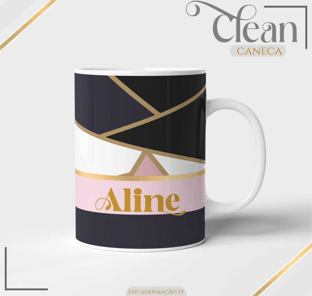 Agenda Feminina Black Gold 2026 Digital para Imprimir 4 Caneca branca estampada com formas geométricas em preto, branco, rosa e dourado.
