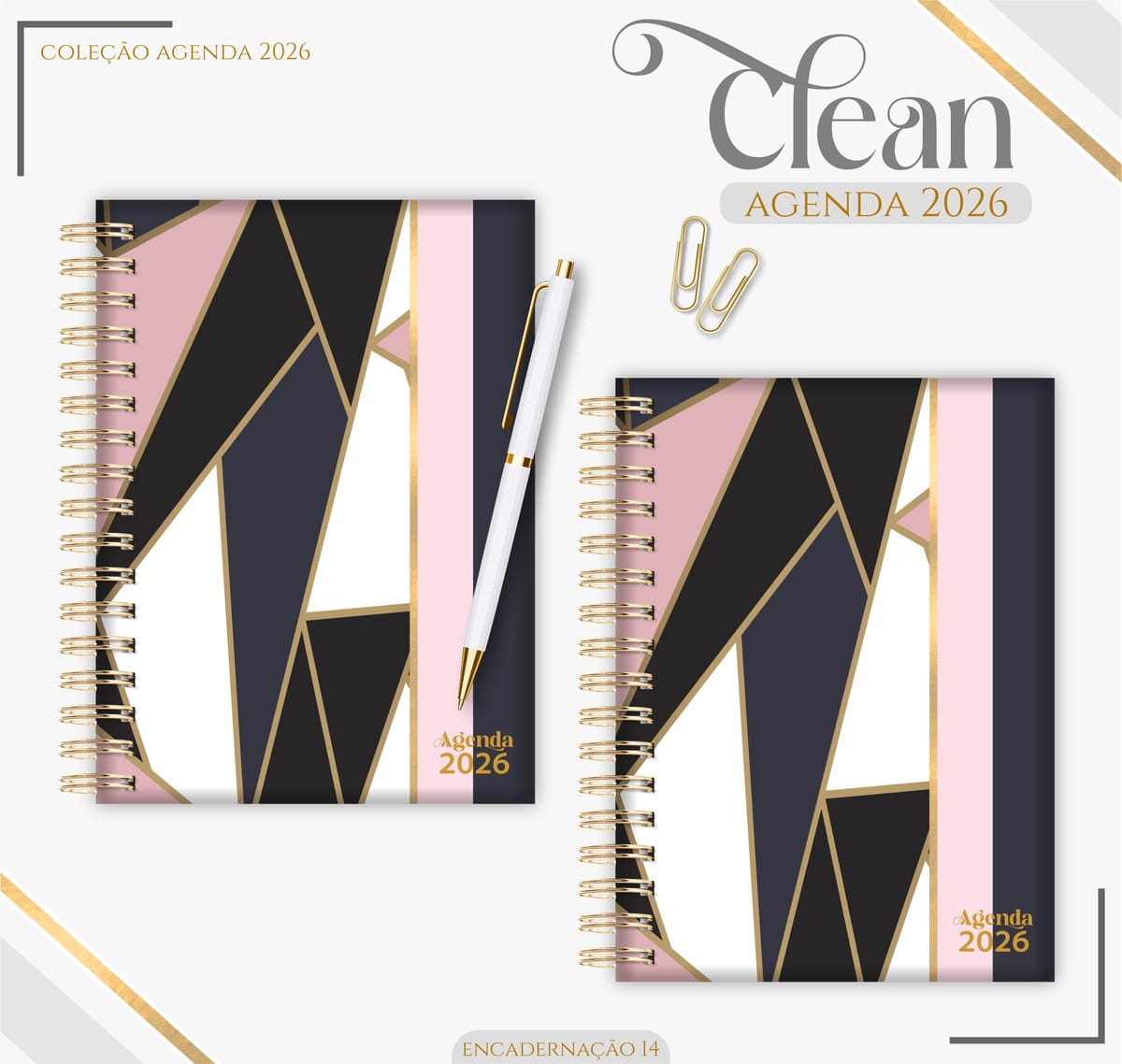 Agenda Feminina Black Gold 2026 Digital para Imprimir 1 Dois cadernos espiralados com capa geométrica preta, rosa e branca com caneta.
