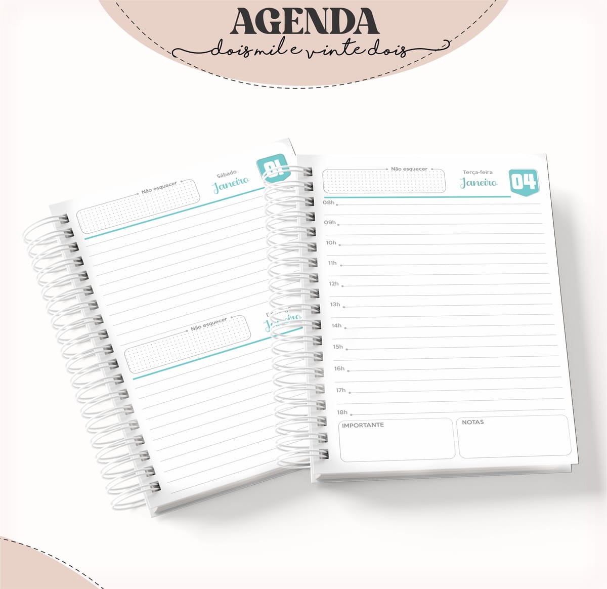 Agenda Feminina Digital Verde e Lilás para Imprimir 2 Agenda espiral aberta mostrando páginas pautadas com horários e anotações.