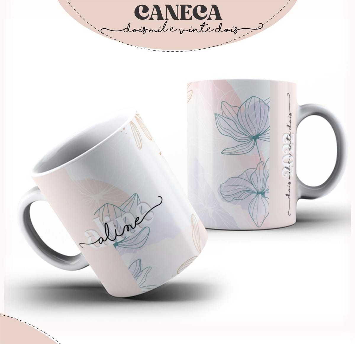 Agenda Feminina Digital Verde e Lilás para Imprimir 3 Duas canecas brancas com estampa floral delicada em tons pastel e texto personalizado.