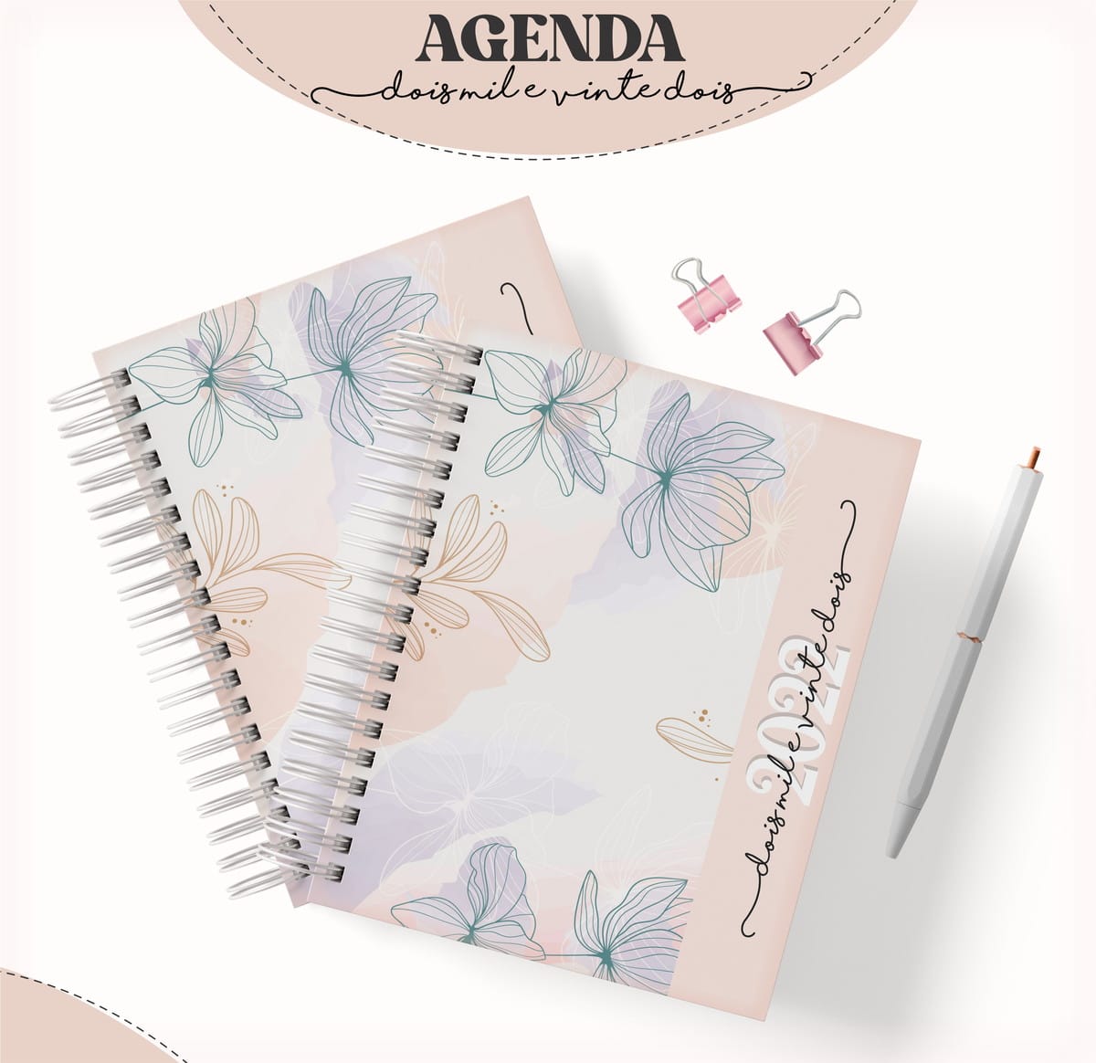 Agenda Feminina Digital Verde e Lilás para Imprimir 1 Duas agendas espiraladas com estampa floral em tons pastéis e uma caneta.