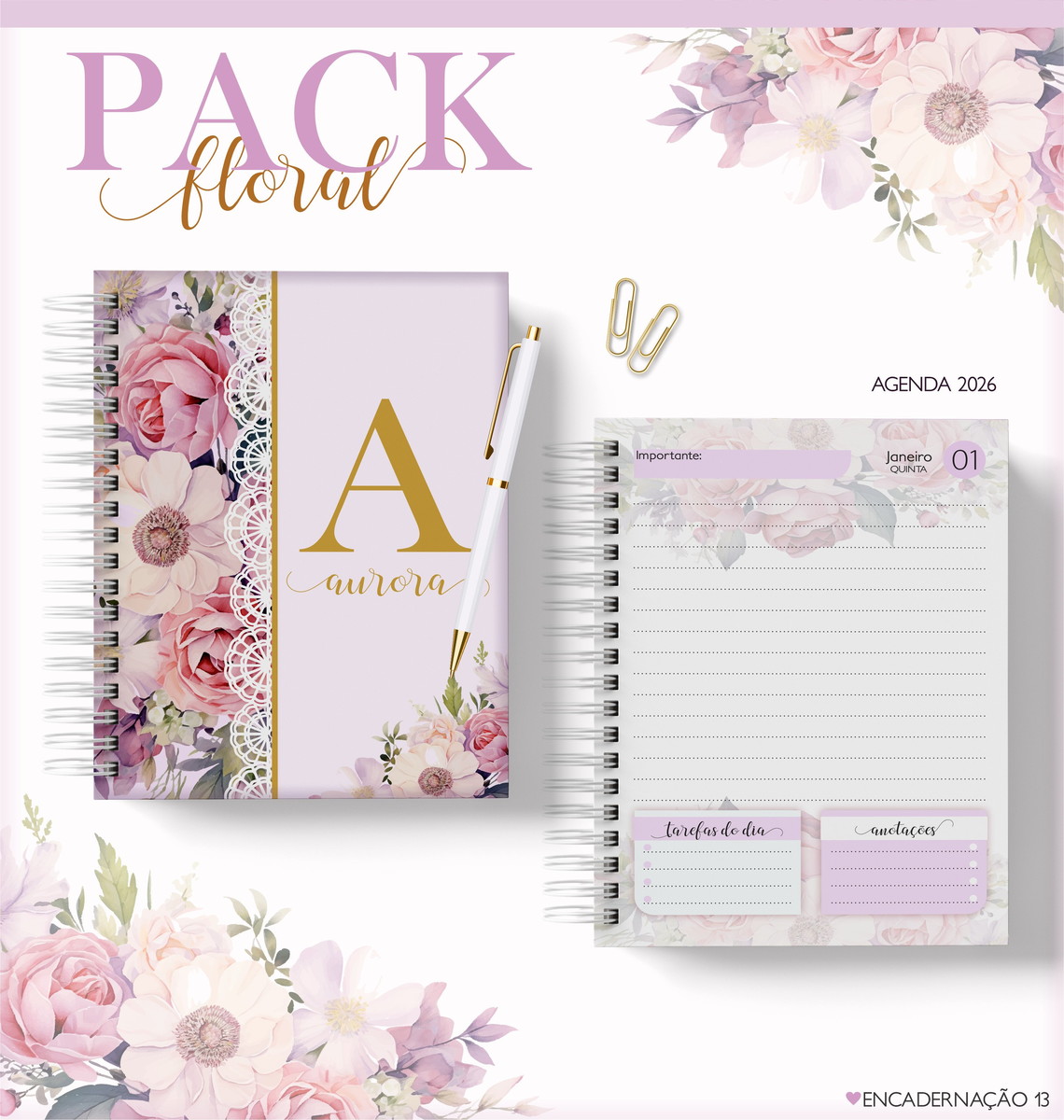 Kit Digital Agenda Feminina Floral 2026 para Personalizar 1 Kit Digital Agenda Feminina Floral 2026 para Personalizar