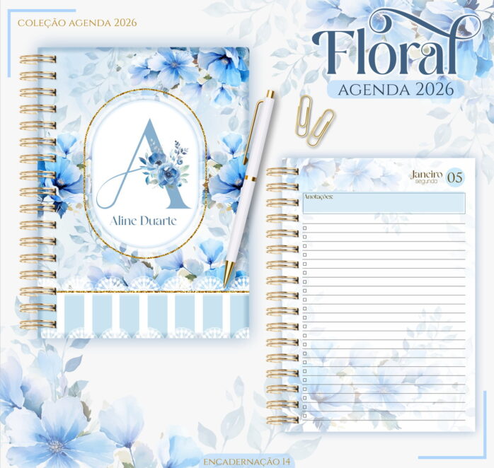 Agenda Floral Azul 2026 Digital para Personalizar e Vender 43 agenda feminina floral azul 2026 arquivo digital
