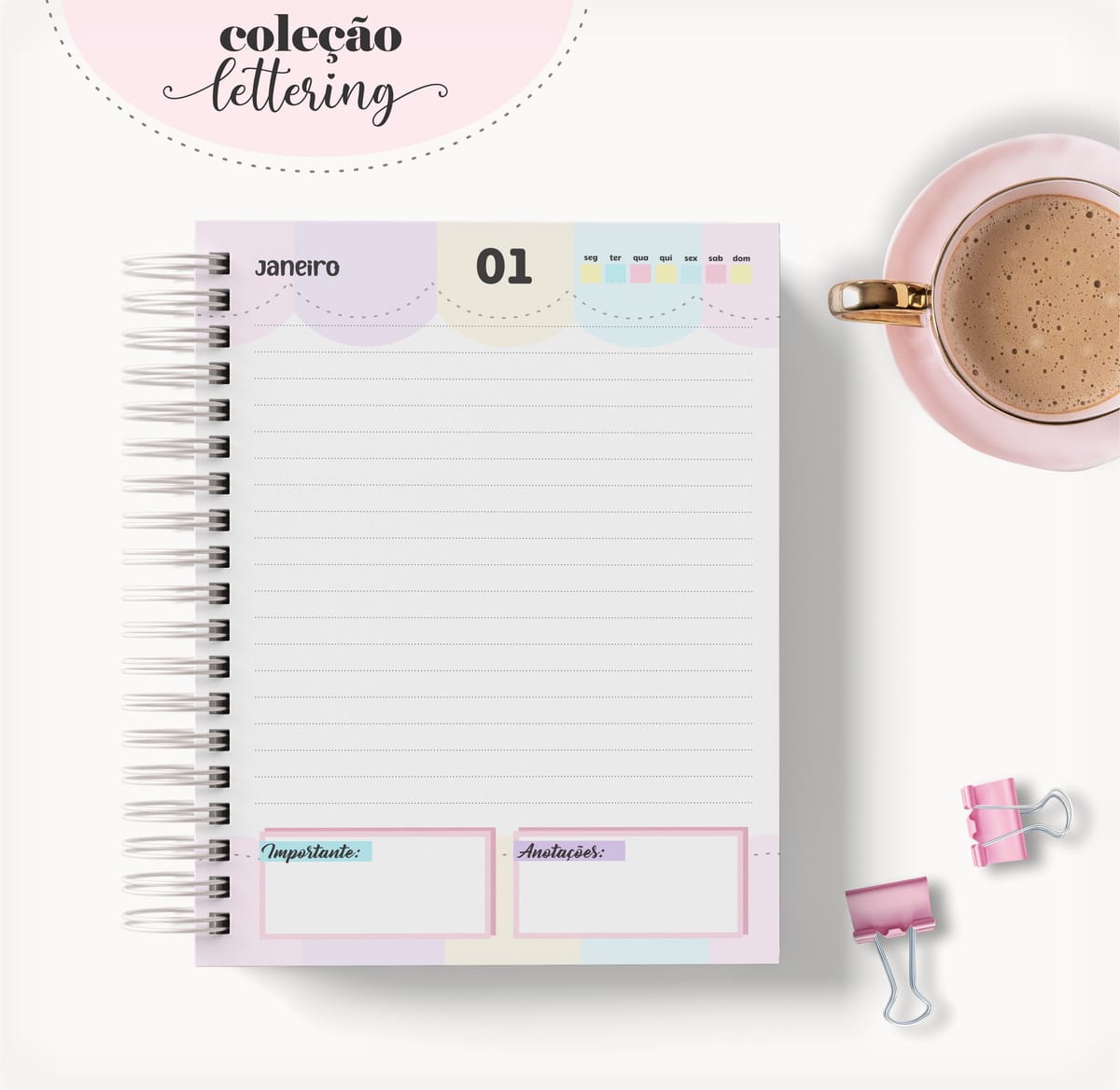Agenda Feminina Força Kit Digital Editável 2 Página de agenda digital com espiral, mês janeiro, dia 01, e itens de escritório.