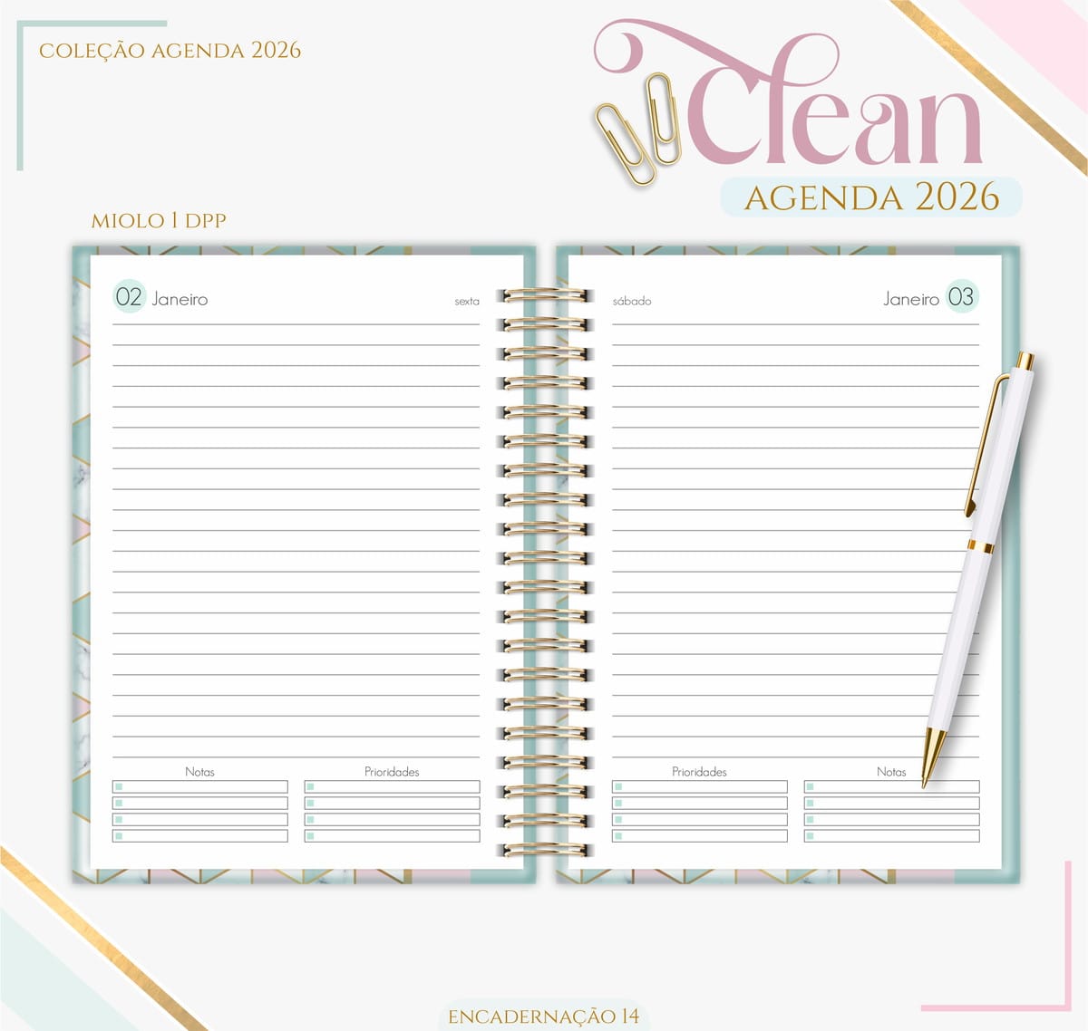 Agenda Feminina Rose Green 2026 para Imprimir e Encadernar 3 Agenda aberta exibindo folhas pautadas com dias da semana e uma caneta branca.