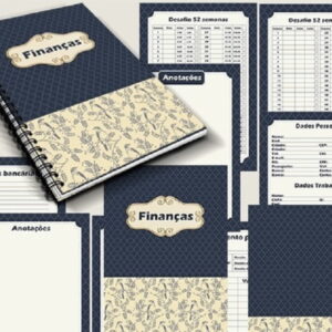 Agenda Financeira Azul Marinho Digital para Personalizar 11 Arte digital de planner financeiro com capa azul e páginas de organização.