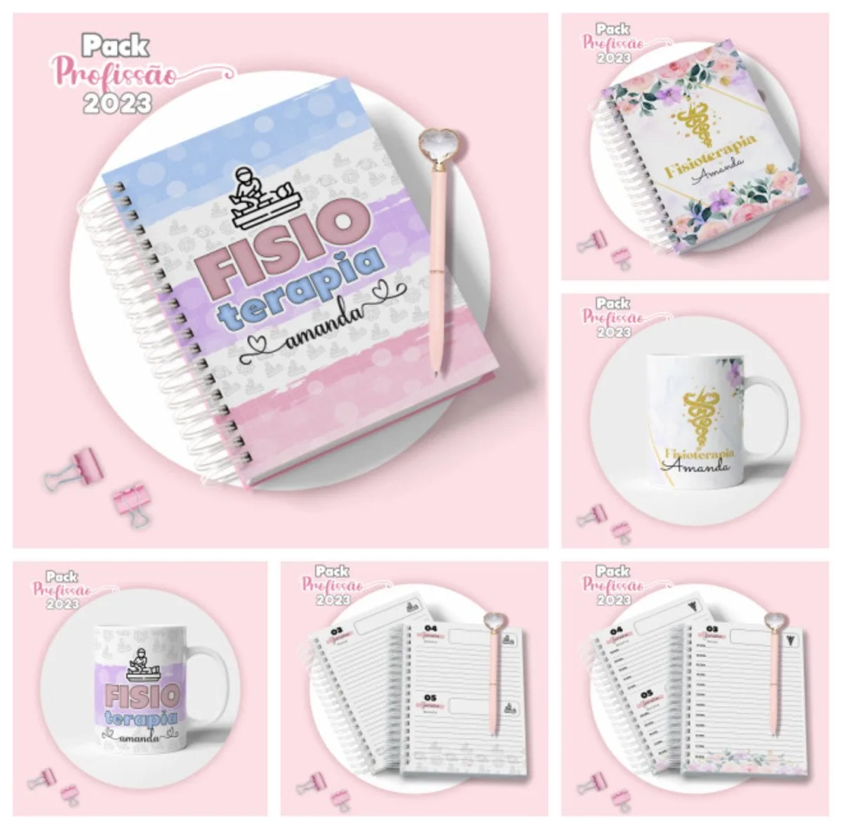 Cadernos e caneta personalizados com temática de fisioterapia em fundo rosa.