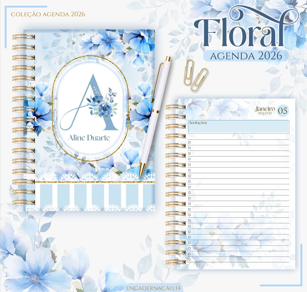Agenda Floral Azul 2026 Digital para Personalizar e Vender 1 Agenda azul com estampa floral, caneta branca e páginas pautadas com tema floral.