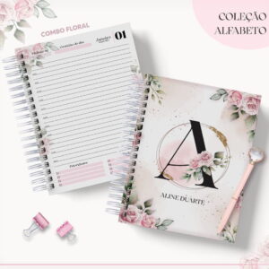 Agenda com capa floral rosa e espiral branca aberta e fechada.