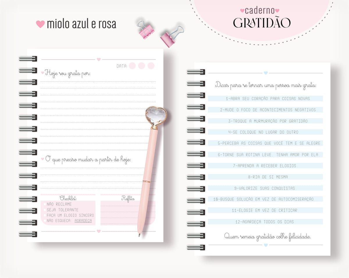 Agenda Gratidão Digital para Personalizar e Vender 3 Páginas de caderno pautadas com textos e uma caneta rosa decorada.