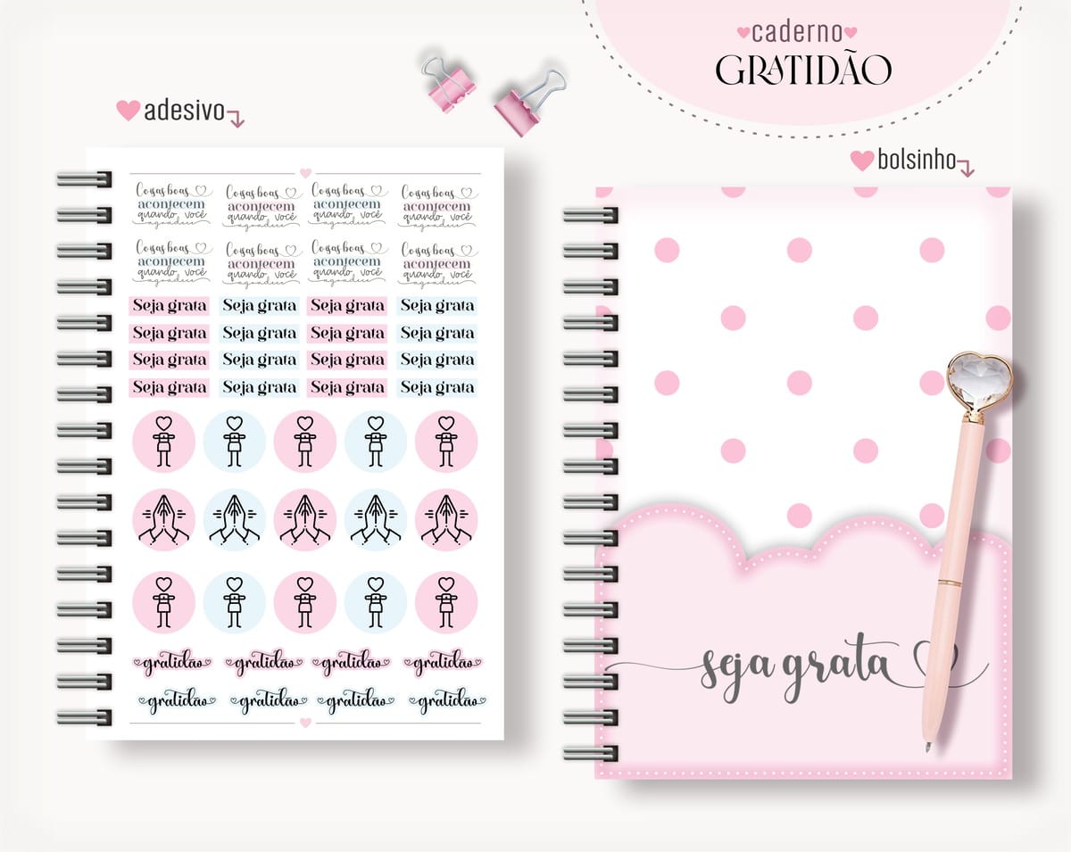 Agenda Gratidão Digital para Personalizar e Vender 4 Adesivos coloridos e caderno rosa com bolinhas brancas e caneta.