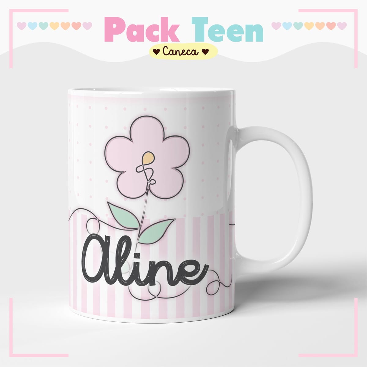 Agenda Infantil Permanente Floral Digital para Personalizar 2 Arte digital de caneca branca com design floral rosa e nome personalizado.