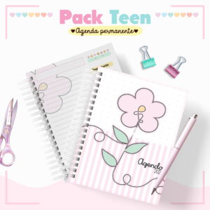 Agenda Infantil Permanente Floral Digital para Personalizar 5 Arte digital de agenda permanente com caneta, tesoura e clipes coloridos.