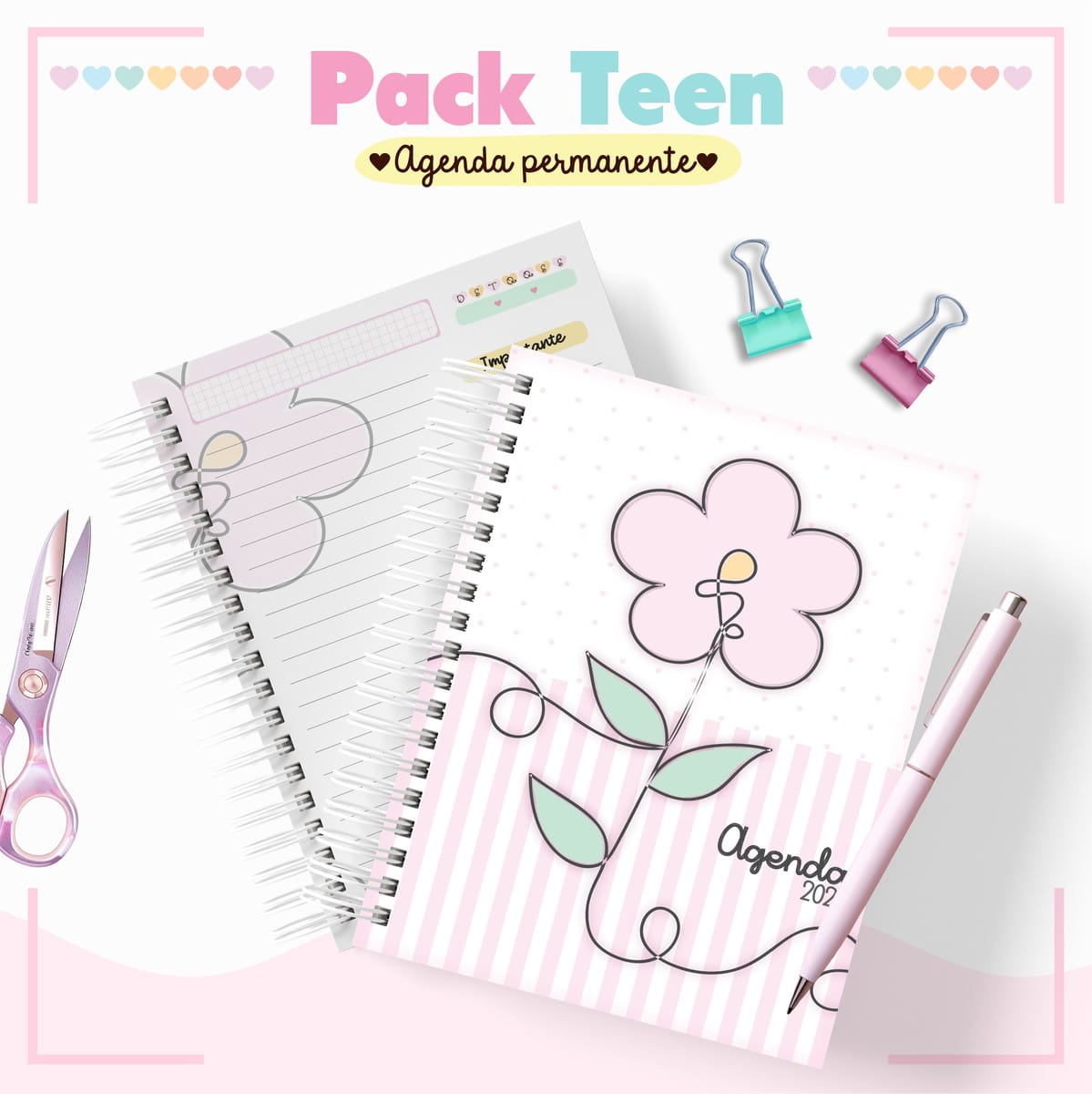 Agenda Infantil Permanente Floral Digital para Personalizar 1 Arte digital de agenda permanente com caneta, tesoura e clipes coloridos.